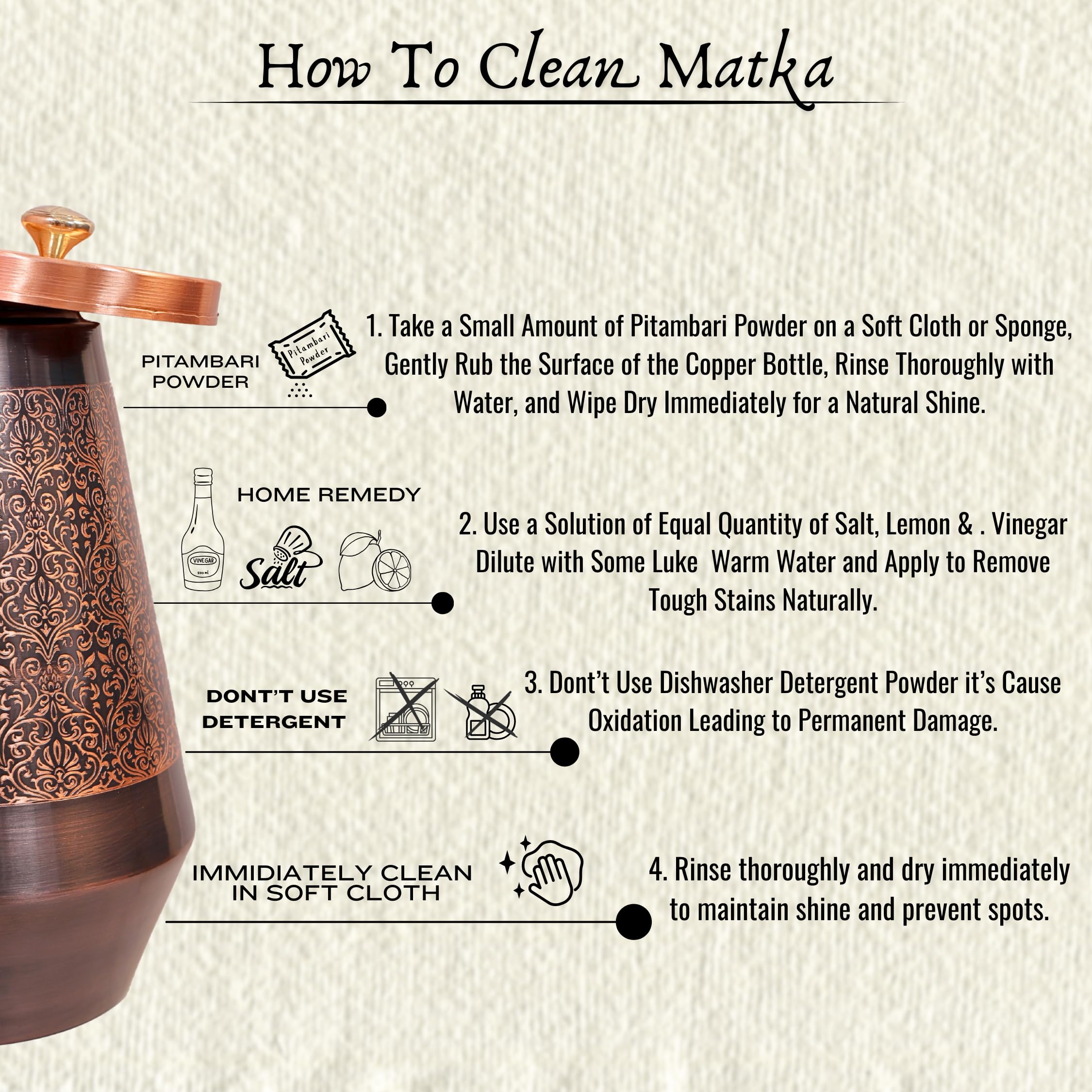 Rustic Relics Antique Copper Water Matka - 5L | With Eye Catching Embosed Engraving Design | Copper Water Storage Dispenser With
